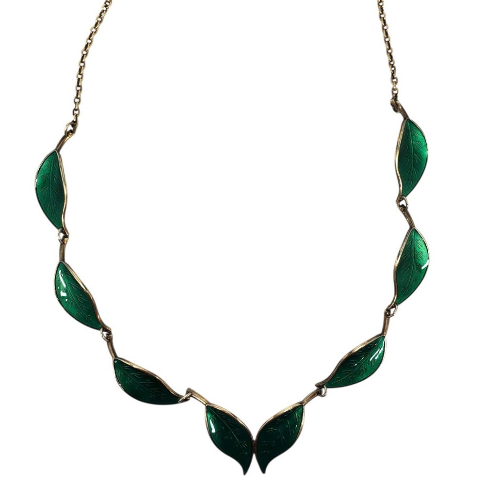 David Andersen Norway Sterling Silver Gold Vermeil Enamel Leaf Necklace #23800